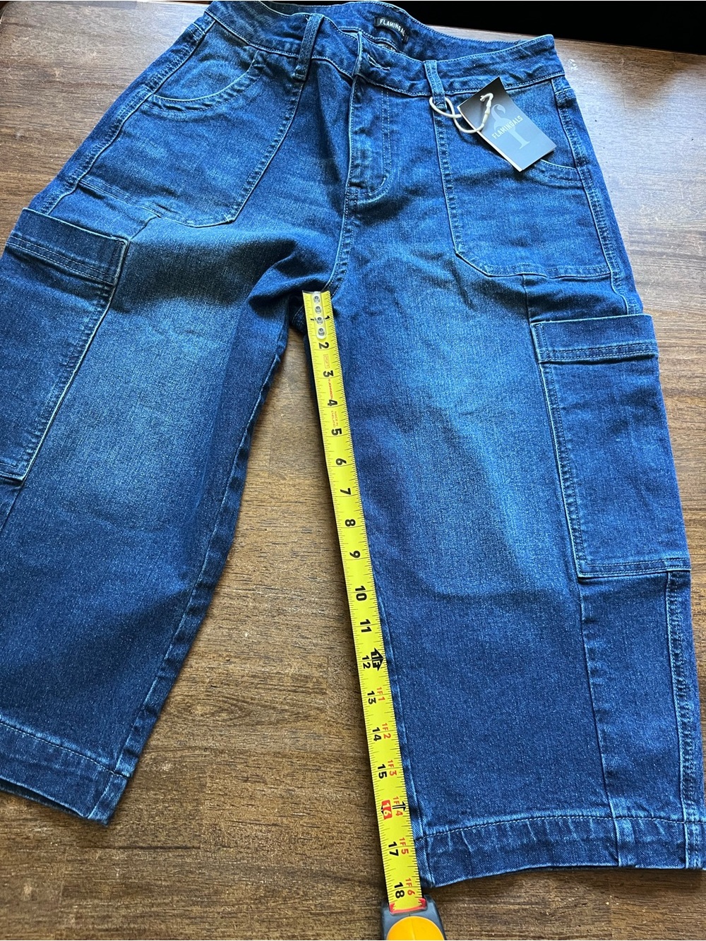 NWT Flamingals Wash Pocket Side Mid Waist Barrel Leg Capri Jeans Without Belt - Picture 3 of 9